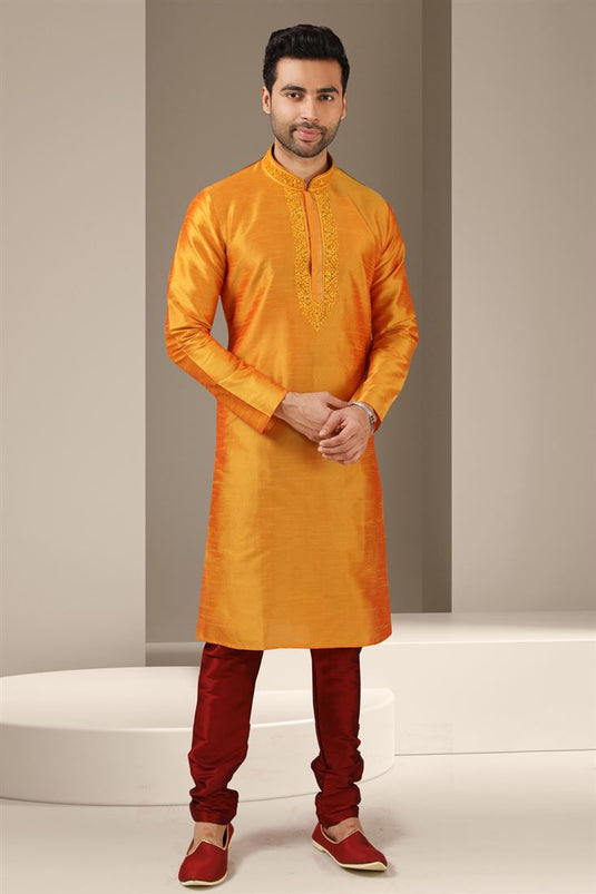 Stunning Orange Color Banarasi Art Silk Fabric Festive Wear Readymade Kurta Pyjama For Men