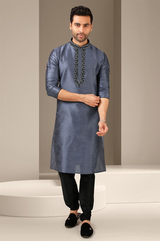 Graceful Grey Color Banarasi Art Silk Fabric Sangeet Wear Readymade Kurta Pyjama For Men