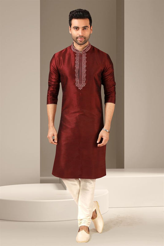 Maroon Color Banarasi Art Silk Fabric Sangeet Wear Trendy Readymade Kurta Pyjama For Men