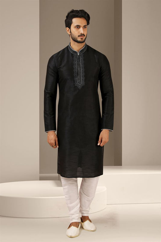 Black Color Banarasi Art Silk Fabric Wedding Wear Designer Readymade Kurta Pyjama For Men