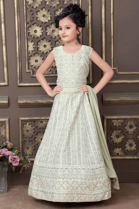 Sangeet Wear Sea Green Color Gleaming Sequins Work Readymade Kids Lehenga In Georgette Fabric