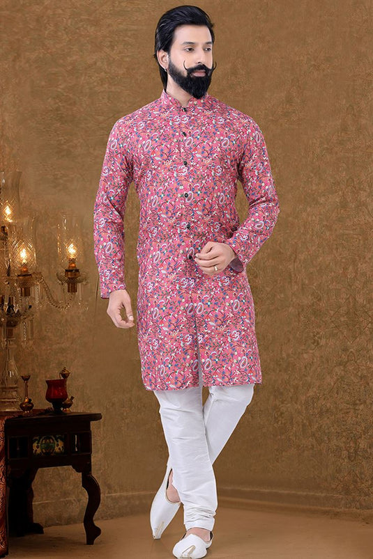 Cotton Fabric Sangeet Wear Luxurious Kurta Pyjama In Pink Color