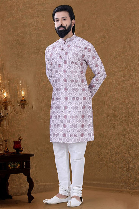 Cotton Fabric Sangeet Wear Luxurious Kurta Pyjama In Cream Color