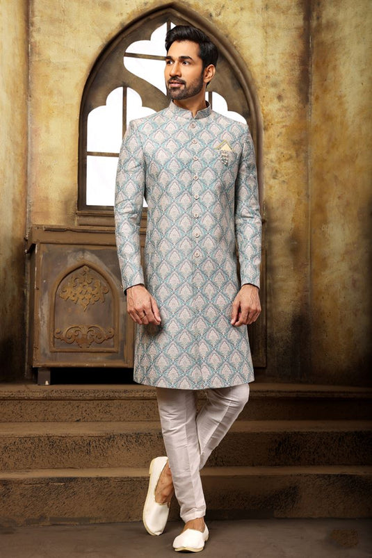 Vivacious Brocade Fabric Indo Western For Men In Sea Green Color