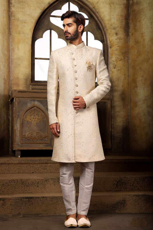 Clasic Cream Color Brocade Fabric Indo Western For Men