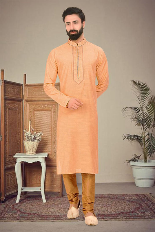 Peach Cotton Fabric Sangeet Wear Trendy Readymade Kurta Pyjama For Men