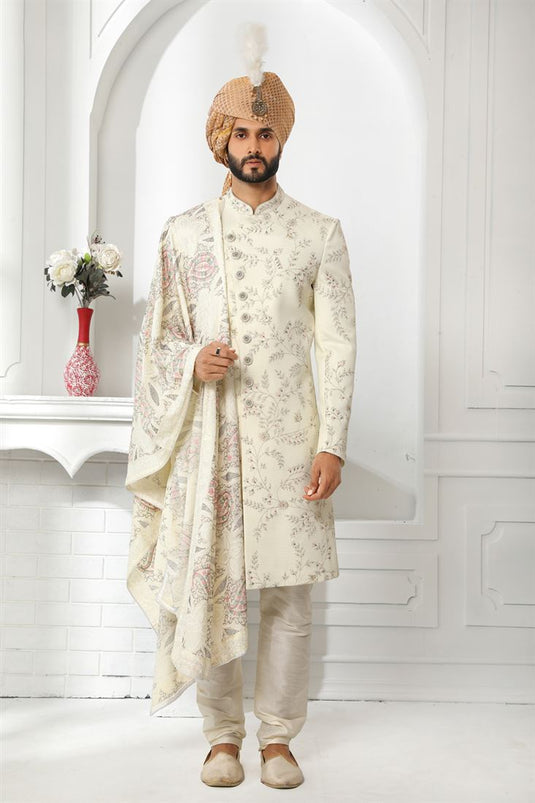 White Color Silk Fabric Wedding Wear Readymade Sherwani For Men With Stole