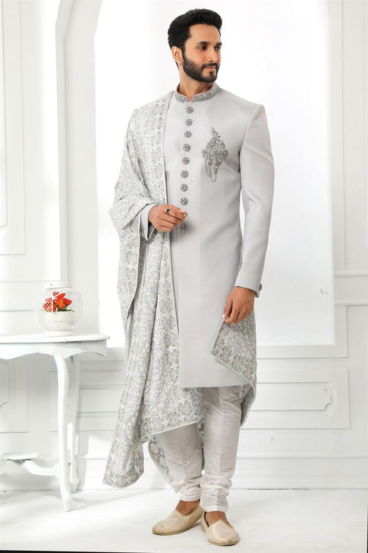 Silk Stunning Grey Color Wedding Wear Readymade Men Sherwani With Stole