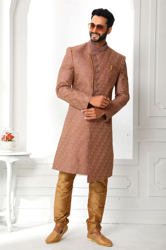 Wedding Wear Silk Fabric Designer Heavy Embroidered Readymade Sherwani For Men In Wine Color