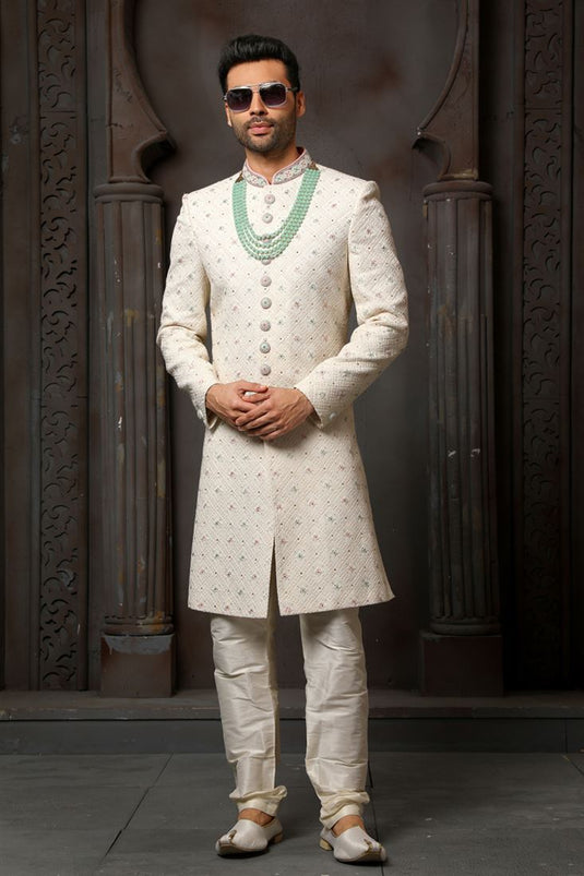 Off White Georgette Fabric Graceful Readymade Men Groom Sherwani For Wedding Wear