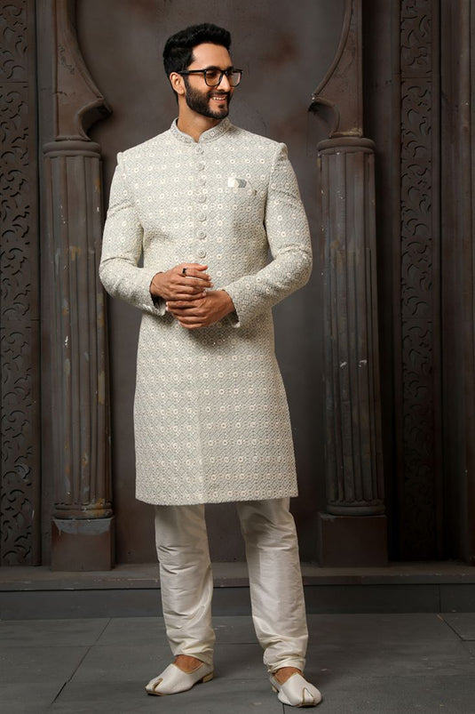 Grey Silk Fabric Magnificent Readymade Men Groom Sherwani For Wedding Wear