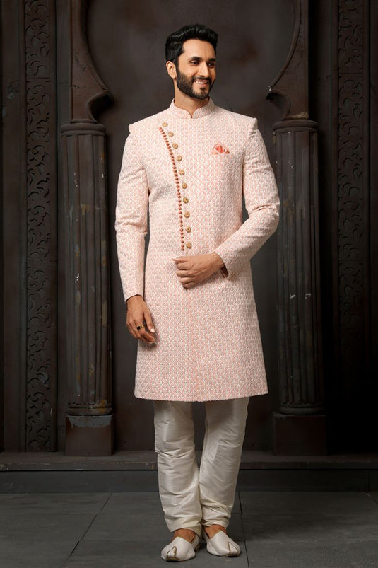 Designer Heavy Embroidered Georgette Fabric Wedding Wear Readymade Groom Sherwani For Men In Peach Color