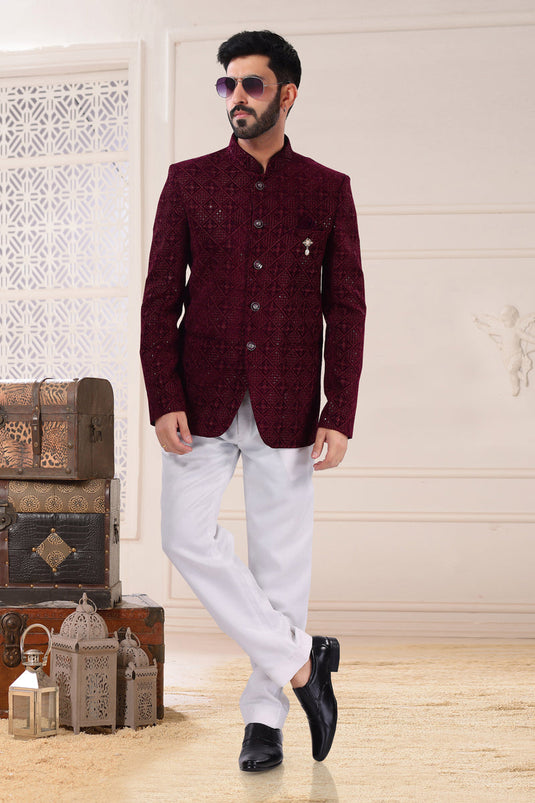 Velvet Fabric Heavy Embroidered Red Color Wedding Wear Designer Readymade Jodhpuri Style Indo Western For Men