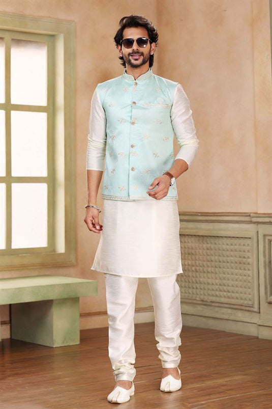 Beige Jacquard Art Silk Fabric Trendy Readymade Kurta Pyjama For Men With Jacket Set