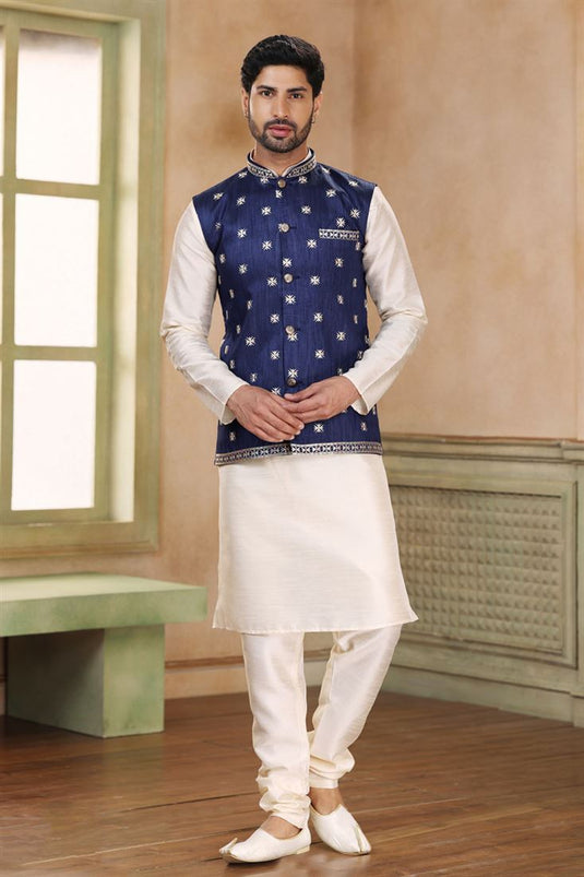 Jacquard Art Silk Beige Color Readymade Designer Men Kurta Pyjama With Modi Jacket