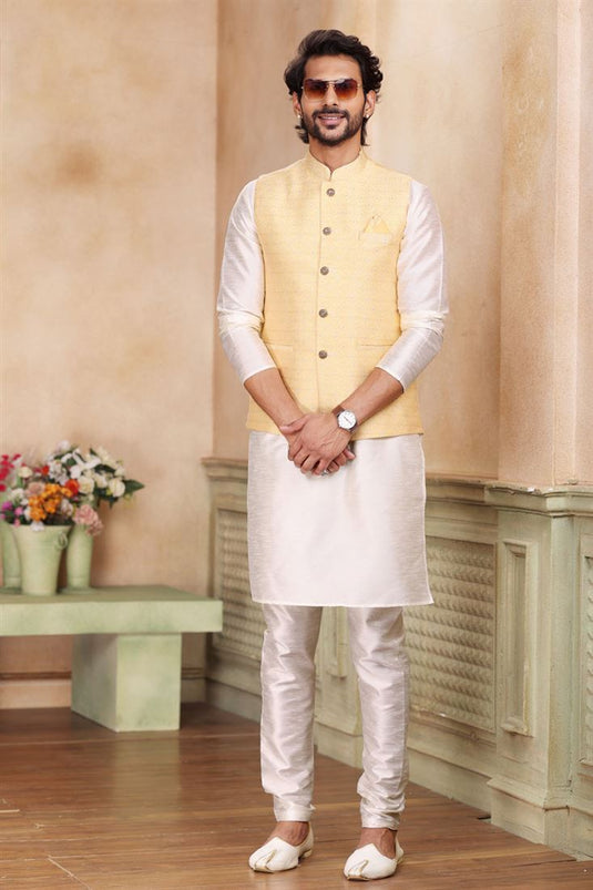 Stunning Beige Color Readymade Men Kurta Pyjama With Jacket