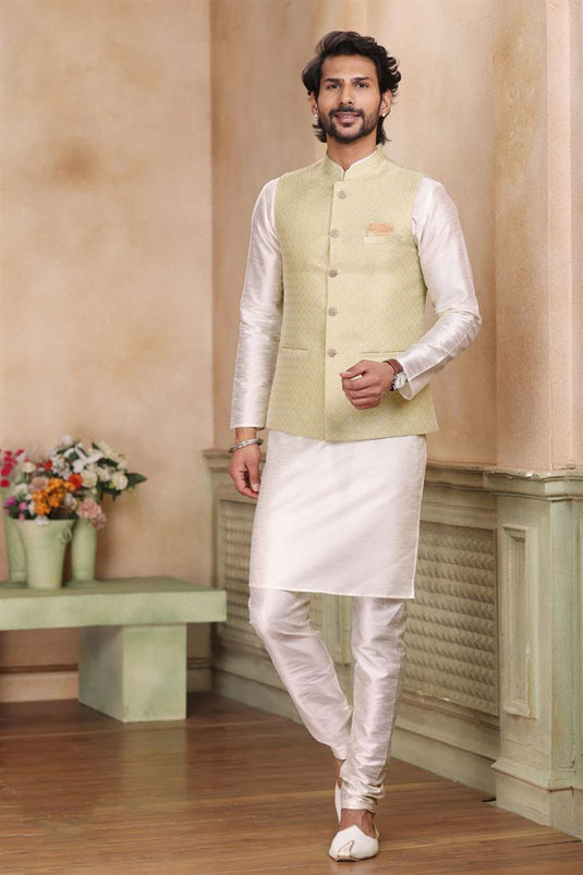 Off White Color Readymade Lovely Jacquard Art Silk Fabric Kurta Pyjama For Men With 3 Pcs Jacket Set