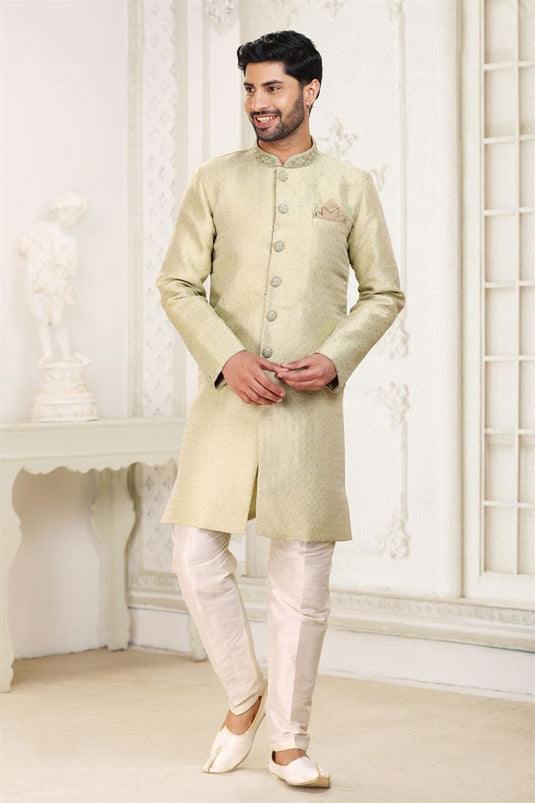 Jacquard Stunning Beige Color Readymade Men Indo Western