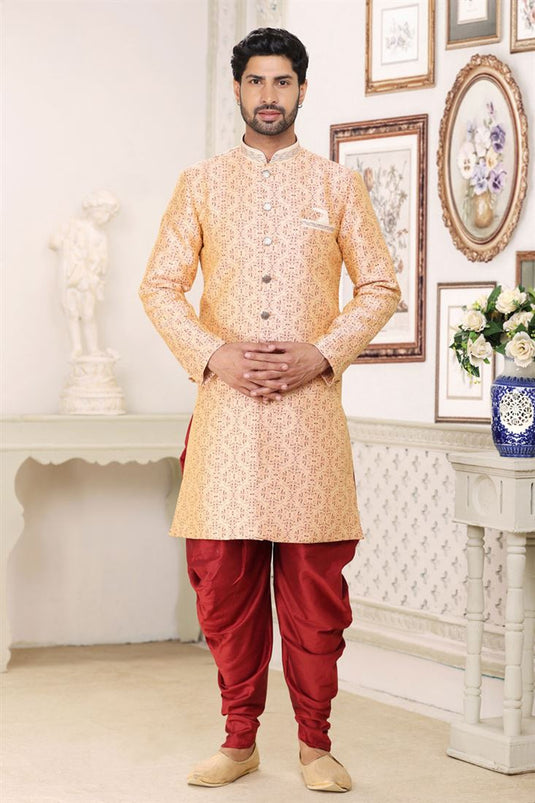 Beautiful Peach Color Readymade Indo Western For Men In Jacquard Fabric