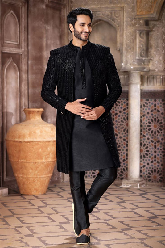 Beautiful Black Color Readymade Indo Western For Men In Velvet And Art Silk Fabric