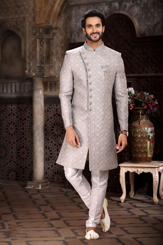 Jacquard Fabric Grey Color Readymade Men Stylish Indo Western