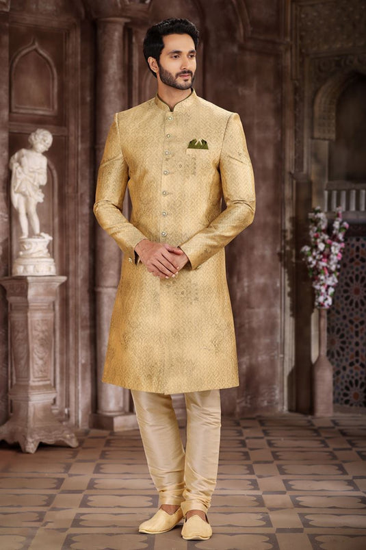 Beige Art Silk Fabric Wedding Wear Trendy Readymade Indo Western For Men