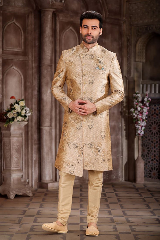 Art Silk Cream Color Wedding Wear Readymade Designer Men Indo Western