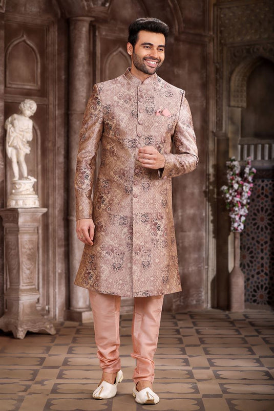 Art Silk Stunning Peach Color Wedding Wear Readymade Men Indo Western