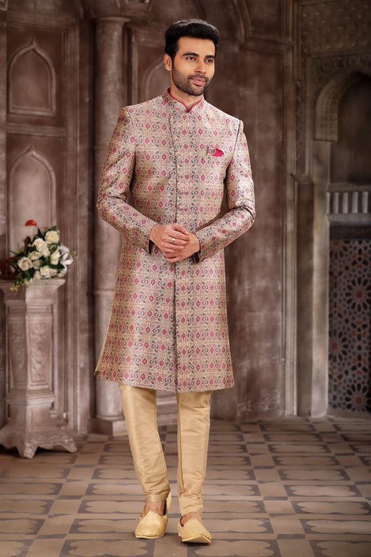 Art Silk Peach Wedding Wear Readymade Lovely Indo Western For Men