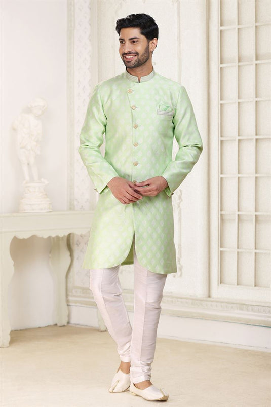 Banarasi Jacquard Fabric Sea Green Color Wedding Wear Readymade Men Stylish Indo Western