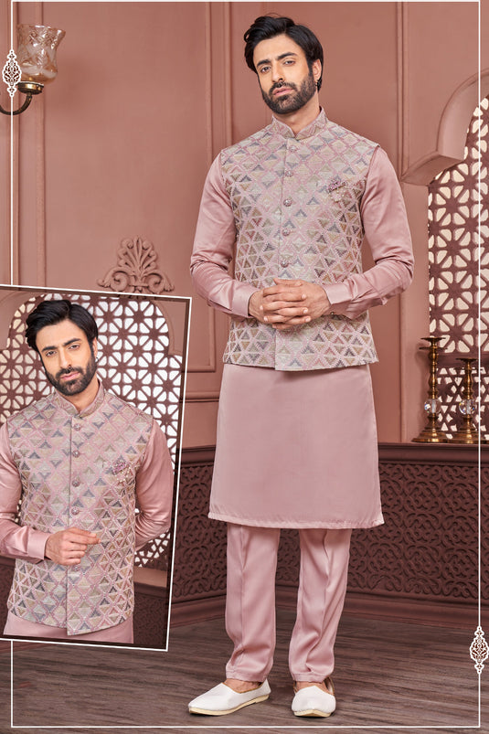 Embroidery Work Gorgeous Banarasi Silk Fabric Reception Wear Readymade Kurta Pyjama For Men With Jacket