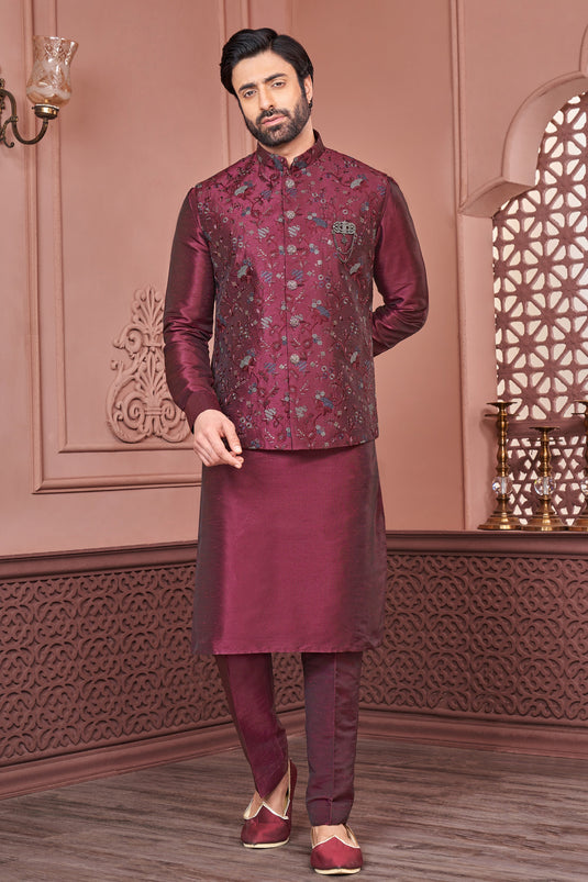 Stunning Embroidery Work Maroon Color Function Wear Readymade Men Kurta Pyjama With Jacket