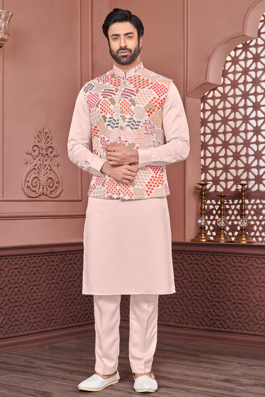 Peach Color Banarasi Silk Fabric Readymade Embroidery Work Men Kurta Pyjama With Jacket