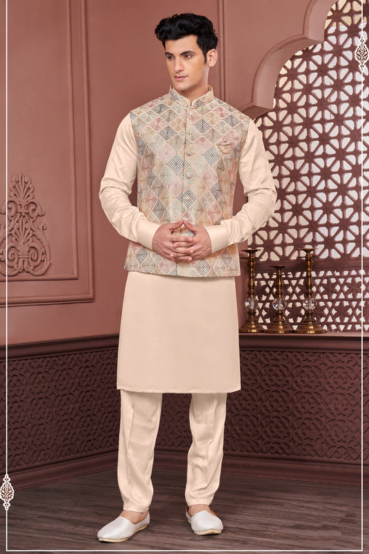 Peach Color Banarasi Silk Fabric Embroidery Work Festive Wear Captivating Readymade Kurta Pyjama For Men With Jacket