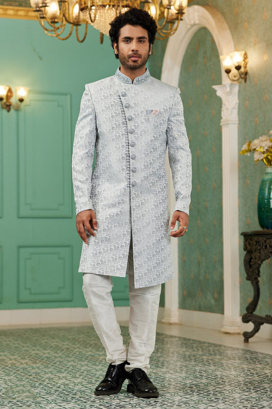 Jacquard Silk Grey Color Wedding Wear Readymade Designer Men Indo Western