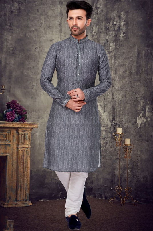 Appealing Dark Grey Color Art Silk Readymade Kurta Pyjama