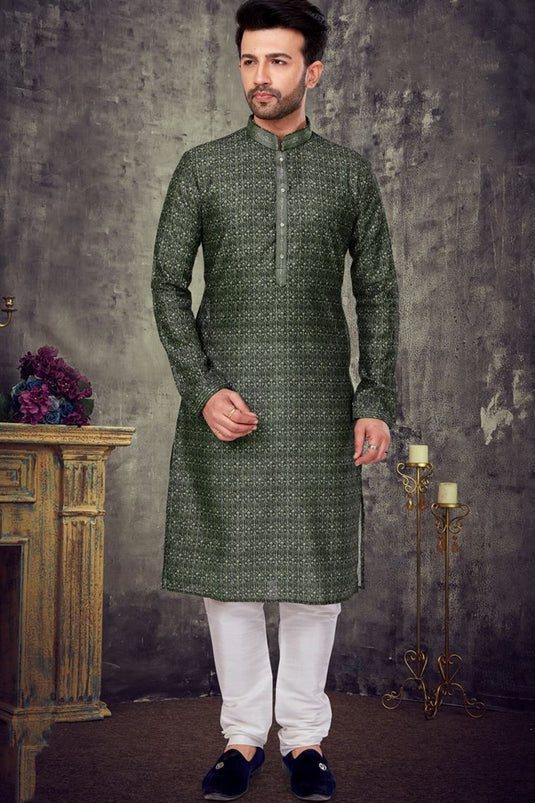 Fetching Art Silk Readymade Kurta Pyjama In Dark Green Color