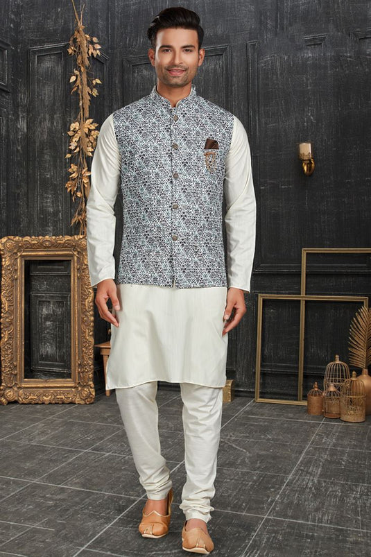 Off White Color Cotton Fabric Blazing Kurta Pyjama Jacket Set