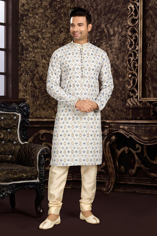 Off White Color Cotton Fabric Printed Readymade Lovely Kurta For Men