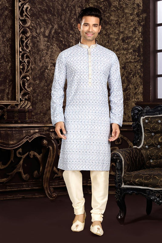 White Cotton Fabric Printed Trendy Readymade Kurta For Men