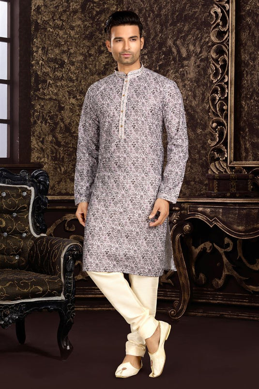 Cotton Grey Readymade Printed Designer Men Kurta