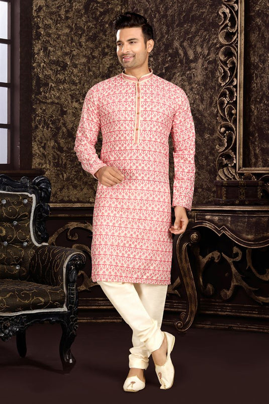 Stunning Printed Pink Color Readymade Men Kurta