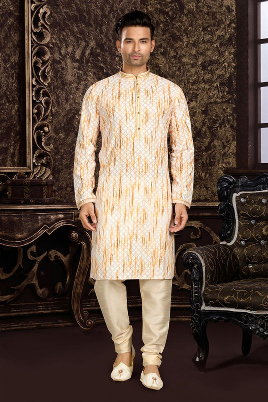 Cream Color Cotton Printed Readymade Lovely Kurta For Men