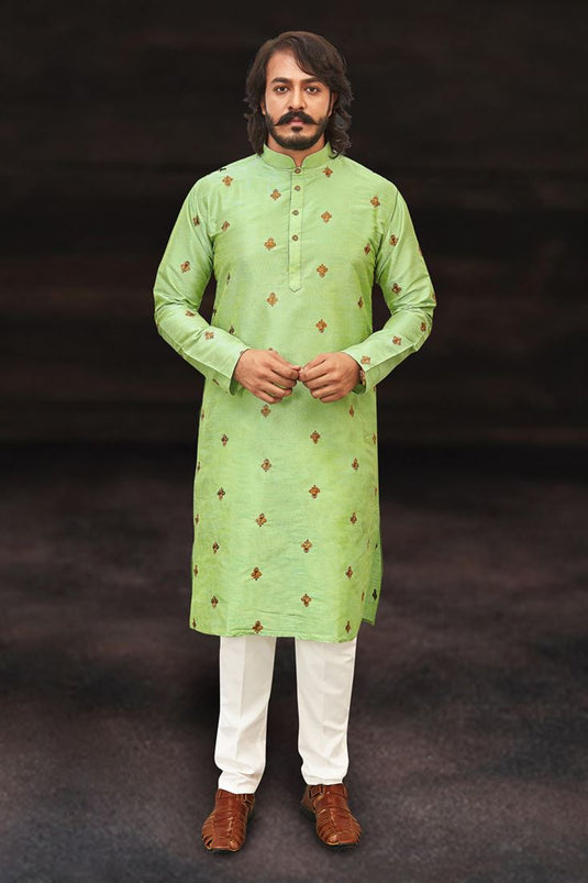 Sea Green Color Art Silk Fabric Festive Wear Readymade Kurta Pyjama For Men