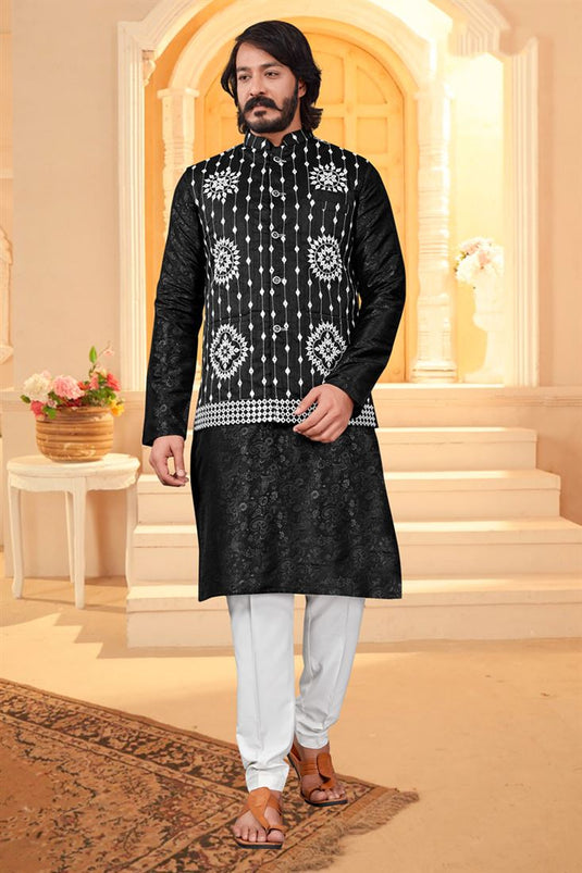 Fascinate Black Color Art Silk Fabric Function Wear Readymade Kurta Pyjama With Fancy Jacket