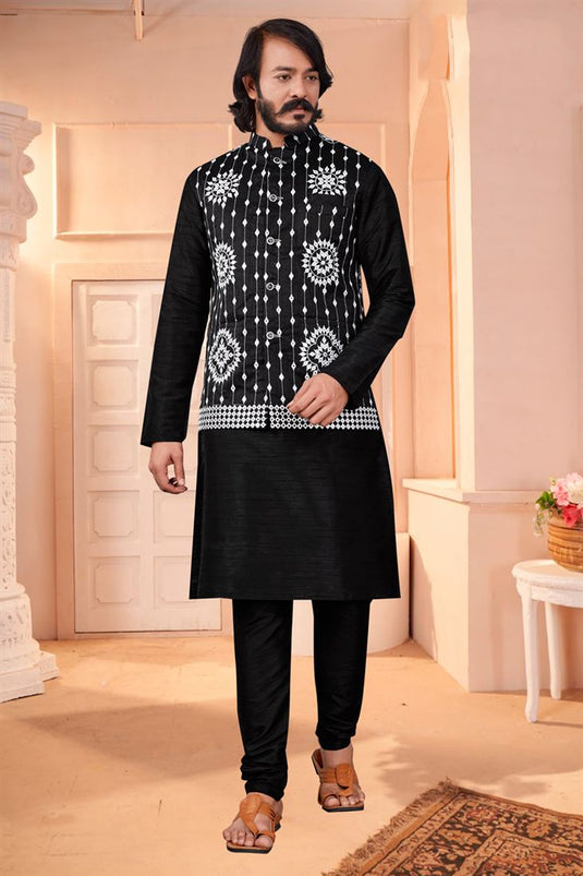 Graceful Black Color Art Silk Fabric Wedding Wear Readymade Kurta Pyjama With Designer Jacket