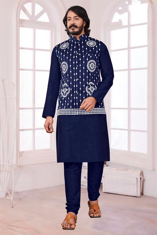 Artistic Blue Color Art Silk Fabric Function Wear Readymade Kurta Pyjama With Stylish Jacket