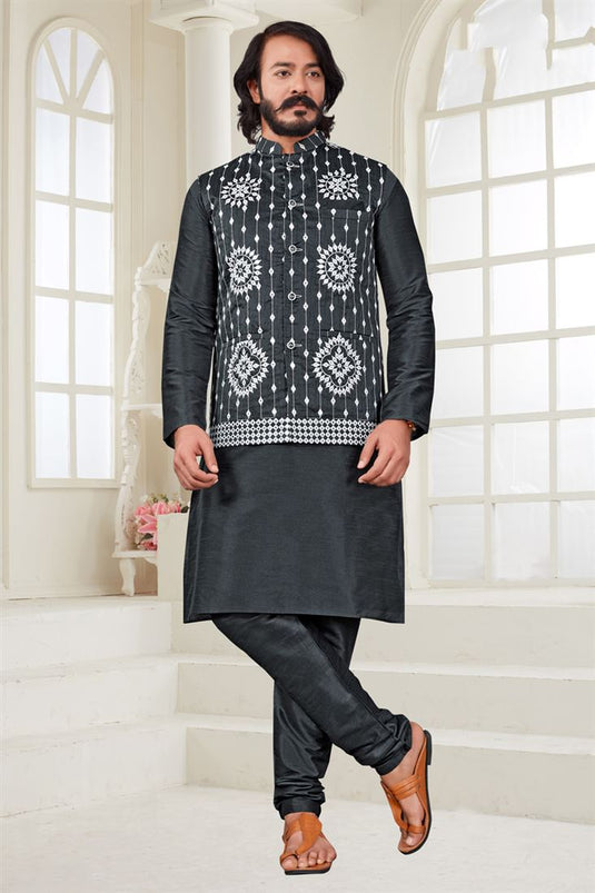 Engaging Grey Color Art Silk Fabric Sangeet Wear Readymade Kurta Pyjama With Designer Jacket