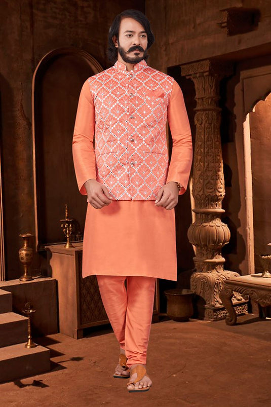 Stunning Peach Color Art Silk Fabric Wedding Wear Readymade Kurta Pyjama With Designer Jacket