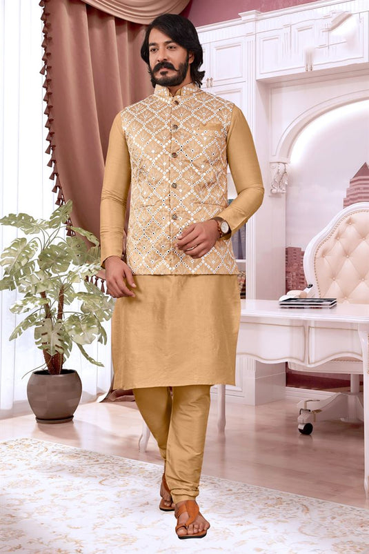 Fascinate Cream Color Art Silk Fabric Festive Wear Readymade Kurta Pyjama With Designer Jacket